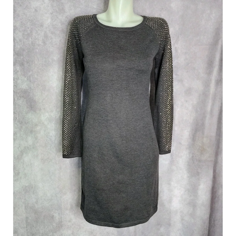 Calvin Klein Sweater Dress Womens Small Gray Studded Sleeve Knit Sheath Mini